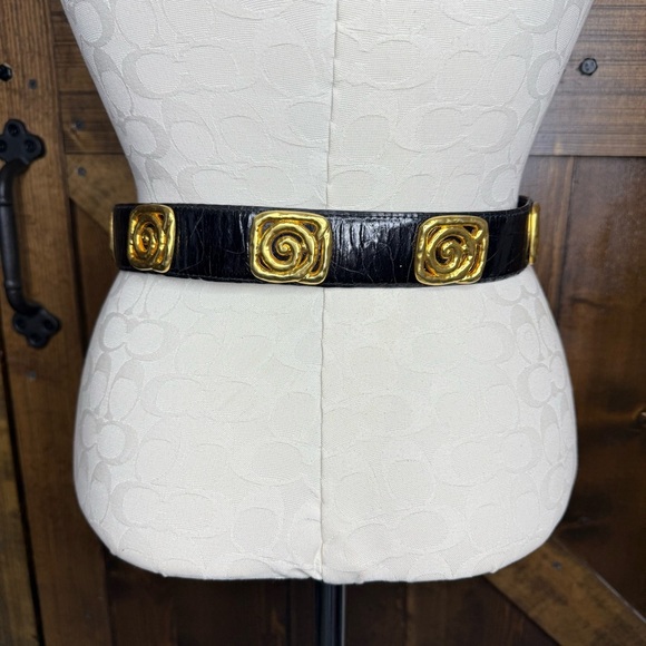 Vintage Avignon Gold Tone Swirl Black Leather Belt Women’s S - Picture 1 of 9